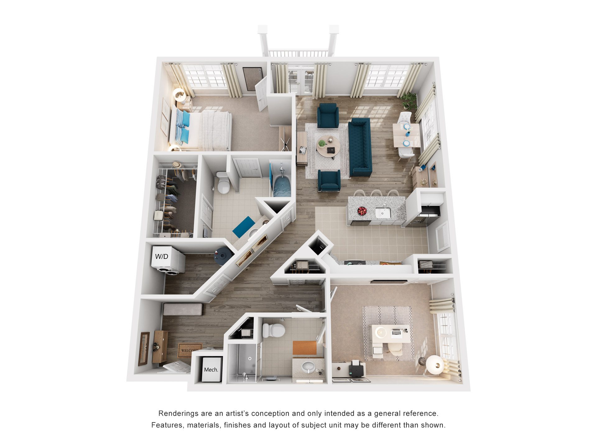 Floor plan for 2 beds, 2 baths, 1264 sqft